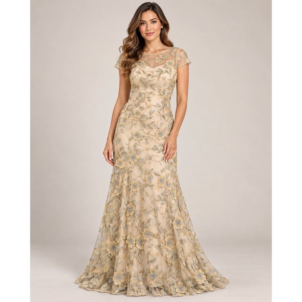 Adrianna Papell Floral Embroidered Gown Champagne Gold Silver Size 8 AP1E211756